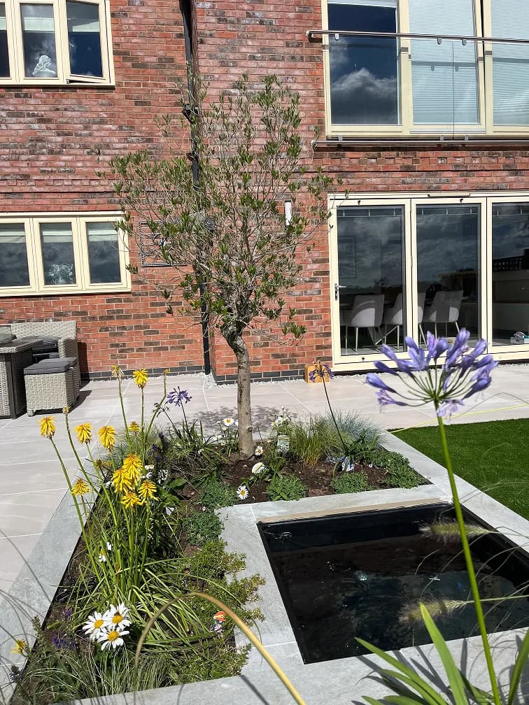 Contemporary garden design with raised water feature, porcelain paving, ornamental grasses and flowering plants.